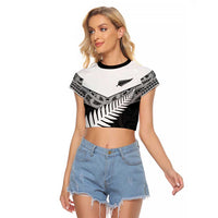 New Zealand Silver Fern Raglan Cropped T Shirt Maori Koru Mixed Taniko Pattern