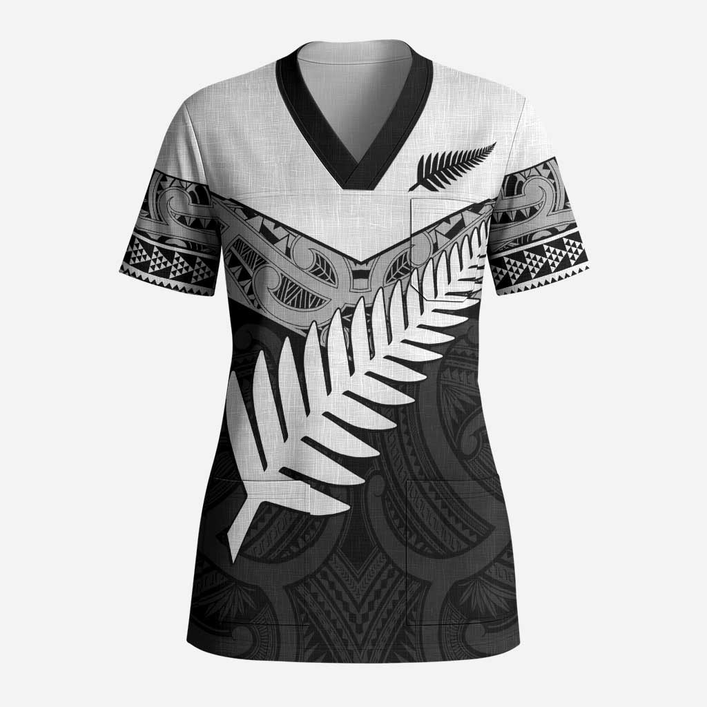 New Zealand Silver Fern Scrub Top Maori Koru Mixed Taniko Pattern - Polynesian Pride