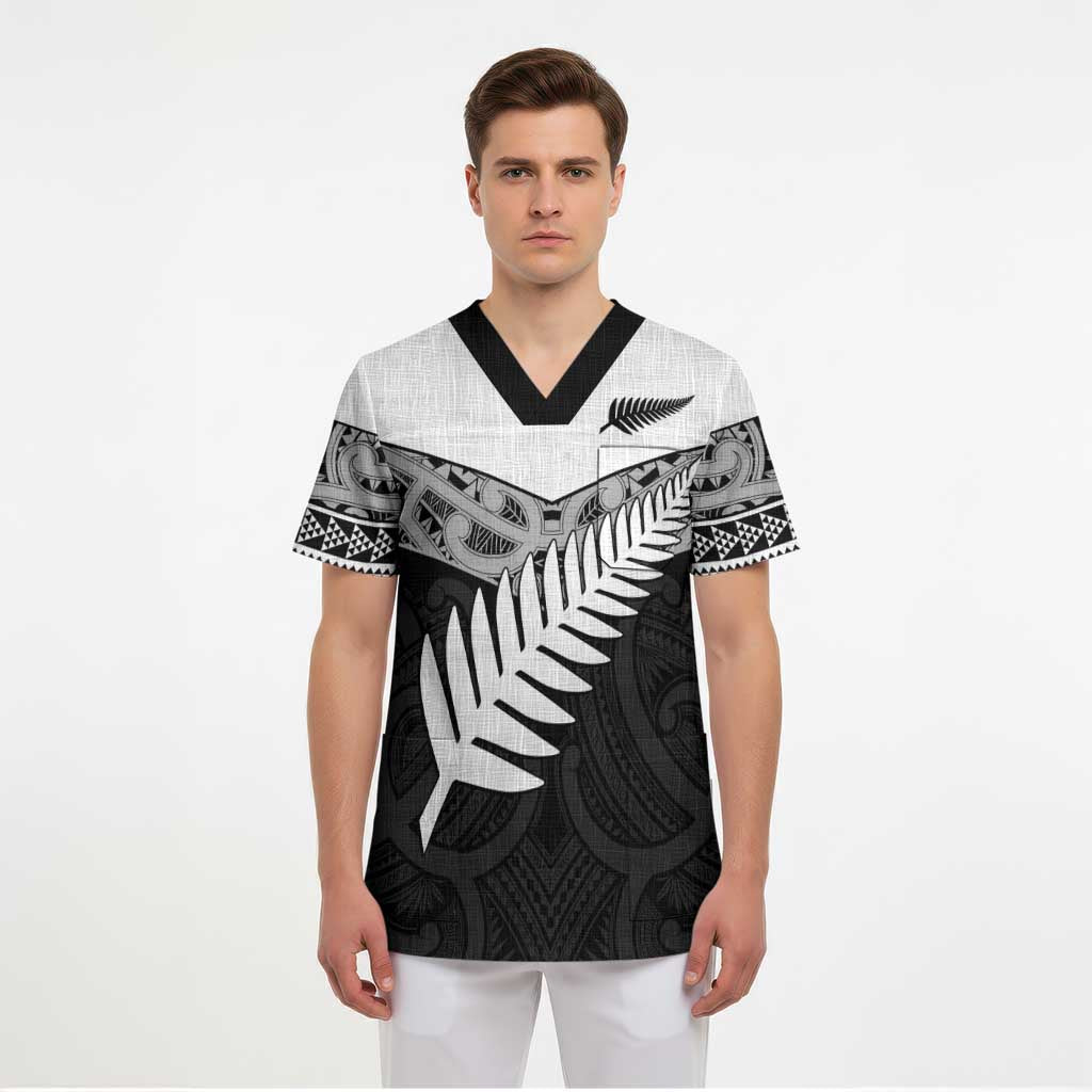 New Zealand Silver Fern Scrub Top Maori Koru Mixed Taniko Pattern - Polynesian Pride
