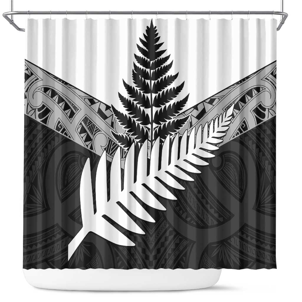 New Zealand Silver Fern Shower Curtain Maori Koru Mixed Taniko Pattern LT9 White - Polynesian Pride