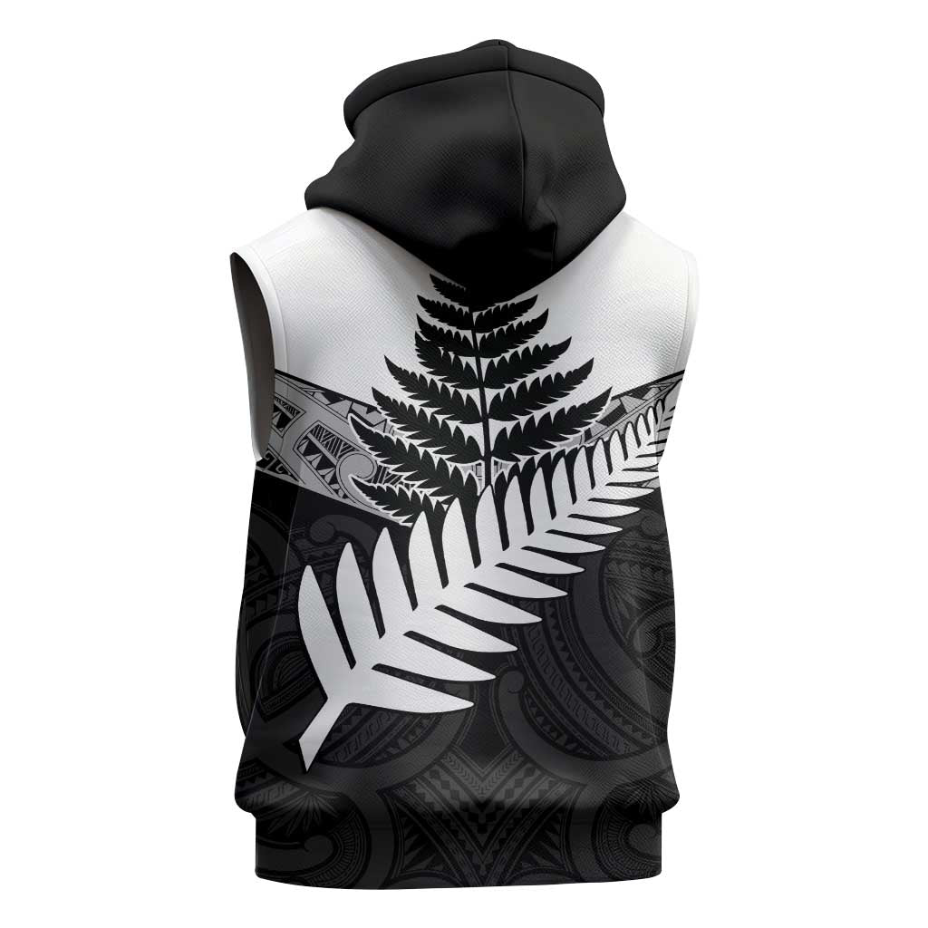 New Zealand Silver Fern Sleeveless Zip Hoodie Maori Koru Mixed Taniko Pattern - Polynesian Pride