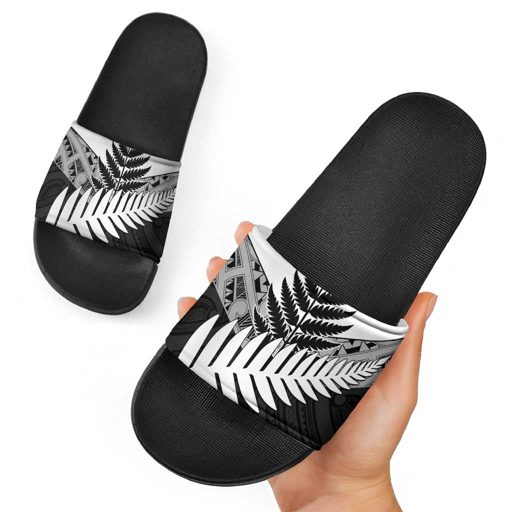 New Zealand Silver Fern Slide Sandals Maori Koru Mixed Taniko Pattern - Polynesian Pride