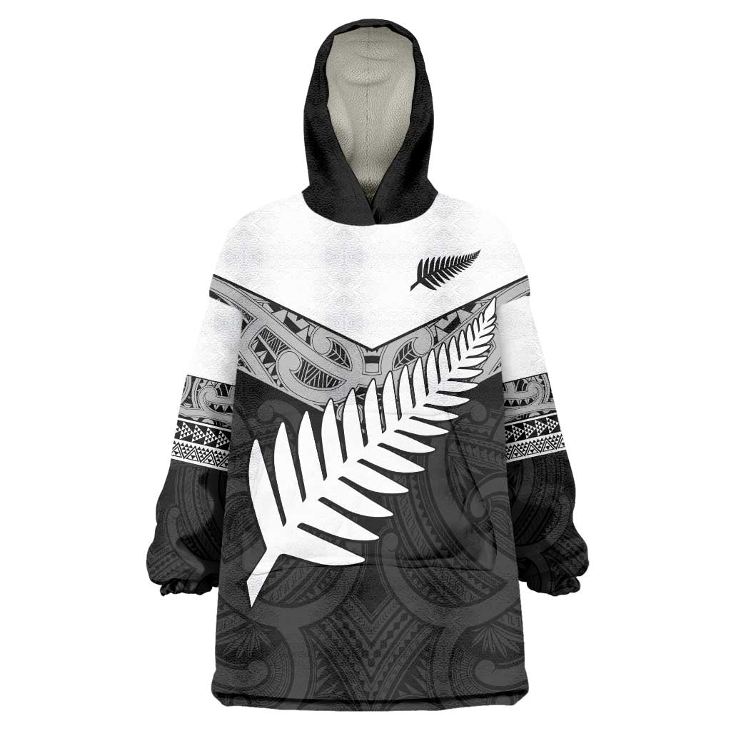 New Zealand Silver Fern Wearable Blanket Hoodie Maori Koru Mixed Taniko Pattern LT9 One Size White - Polynesian Pride