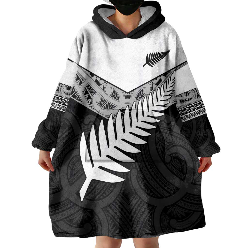 New Zealand Silver Fern Wearable Blanket Hoodie Maori Koru Mixed Taniko Pattern LT9 - Polynesian Pride