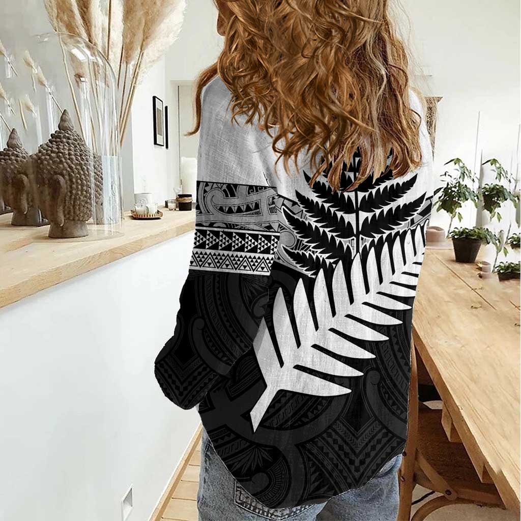 New Zealand Silver Fern Women Casual Shirt Maori Koru Mixed Taniko Pattern