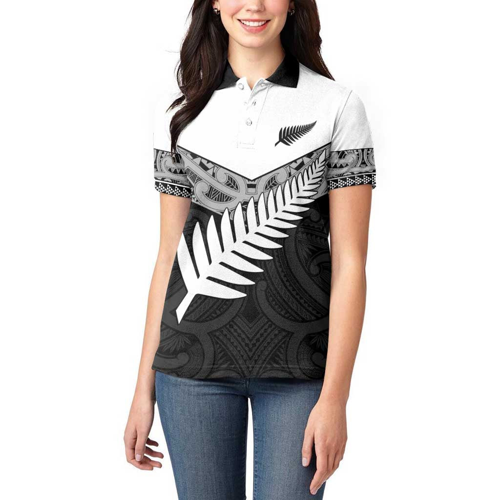 New Zealand Silver Fern Women Polo Shirt Maori Koru Mixed Taniko Pattern