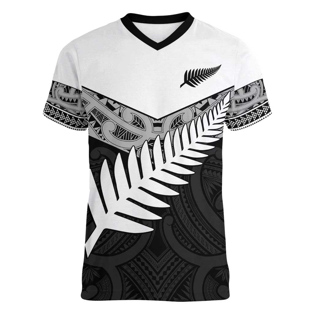 New Zealand Silver Fern Women V-Neck T-Shirt Maori Koru Mixed Taniko Pattern
