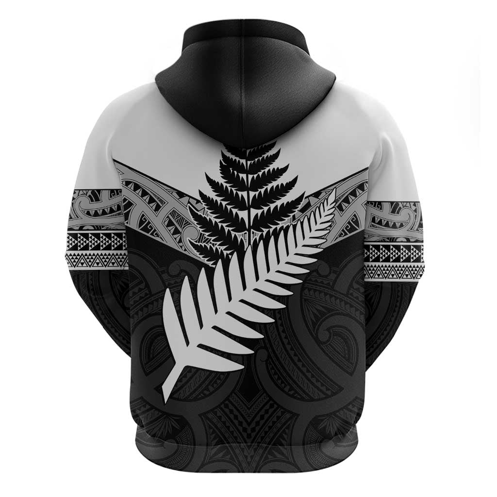 New Zealand Silver Fern Zip Hoodie Maori Koru Mixed Taniko Pattern