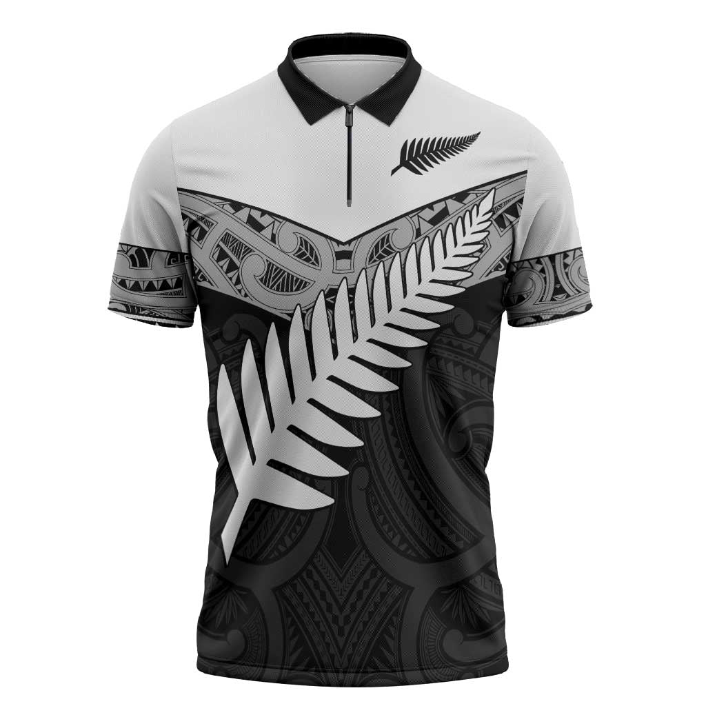 New Zealand Silver Fern Zipper Polo Shirt Maori Koru Mixed Taniko Pattern - Polynesian Pride
