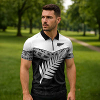 New Zealand Silver Fern Zipper Polo Shirt Maori Koru Mixed Taniko Pattern - Polynesian Pride