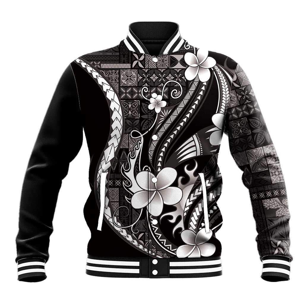 Samoa Siapo Tribal Pattern Baseball Jacket Black Polynesian Plumeria Tapa Motif LT9 Unisex Black - Polynesian Pride