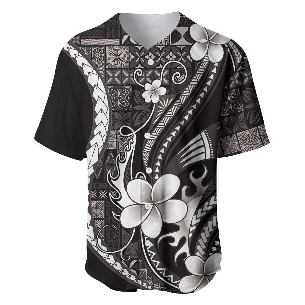 Samoa Siapo Tribal Pattern Baseball Jersey Black Polynesian Plumeria Tapa Motif