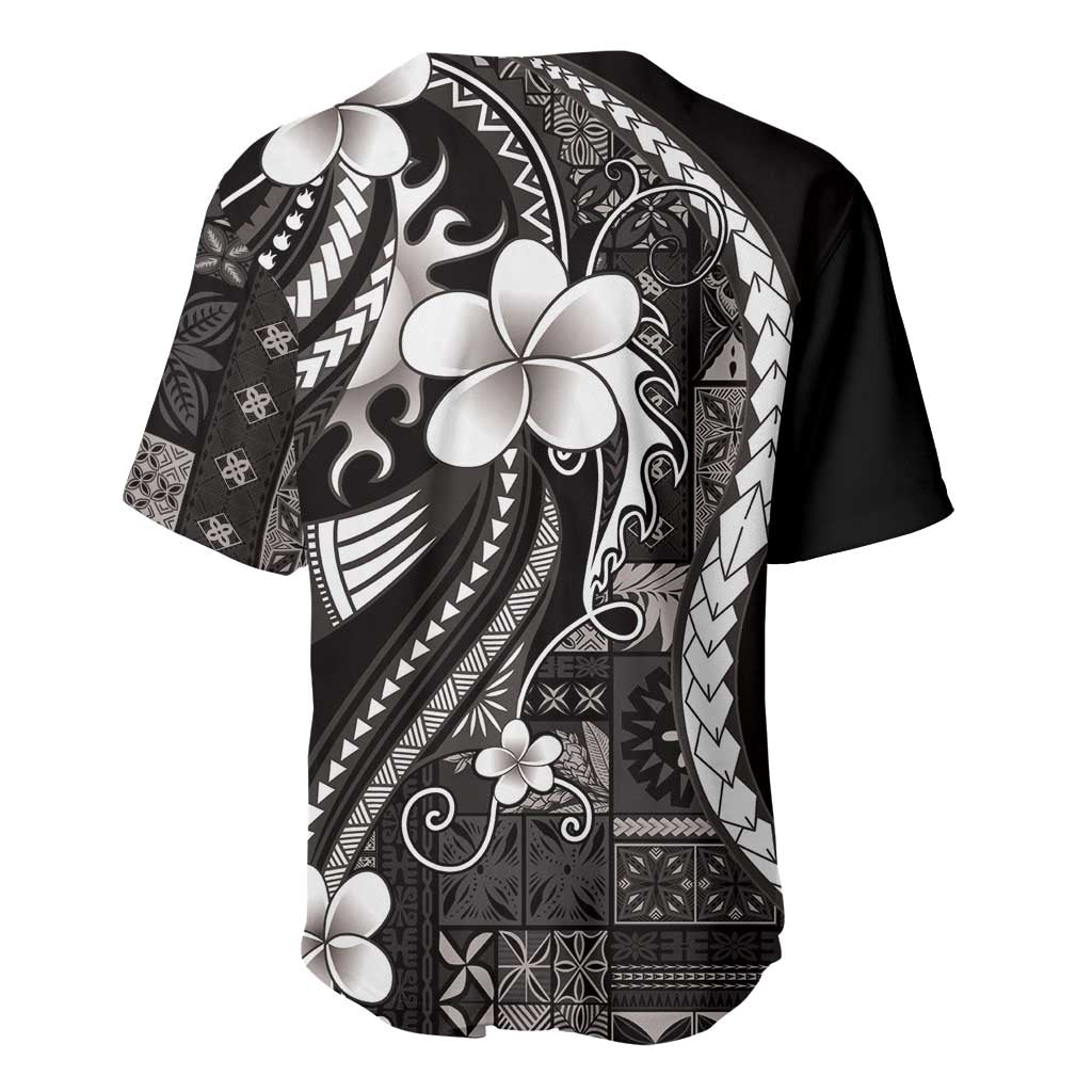 Samoa Siapo Tribal Pattern Baseball Jersey Black Polynesian Plumeria Tapa Motif