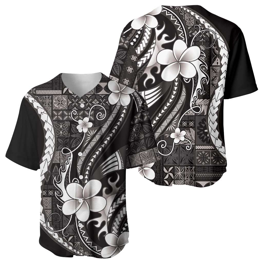 Samoa Siapo Tribal Pattern Baseball Jersey Black Polynesian Plumeria Tapa Motif