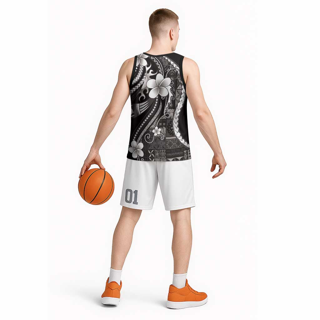 Samoa Siapo Tribal Pattern Basketball Jersey Black Polynesian Plumeria Tapa Motif LT9 - Polynesian Pride