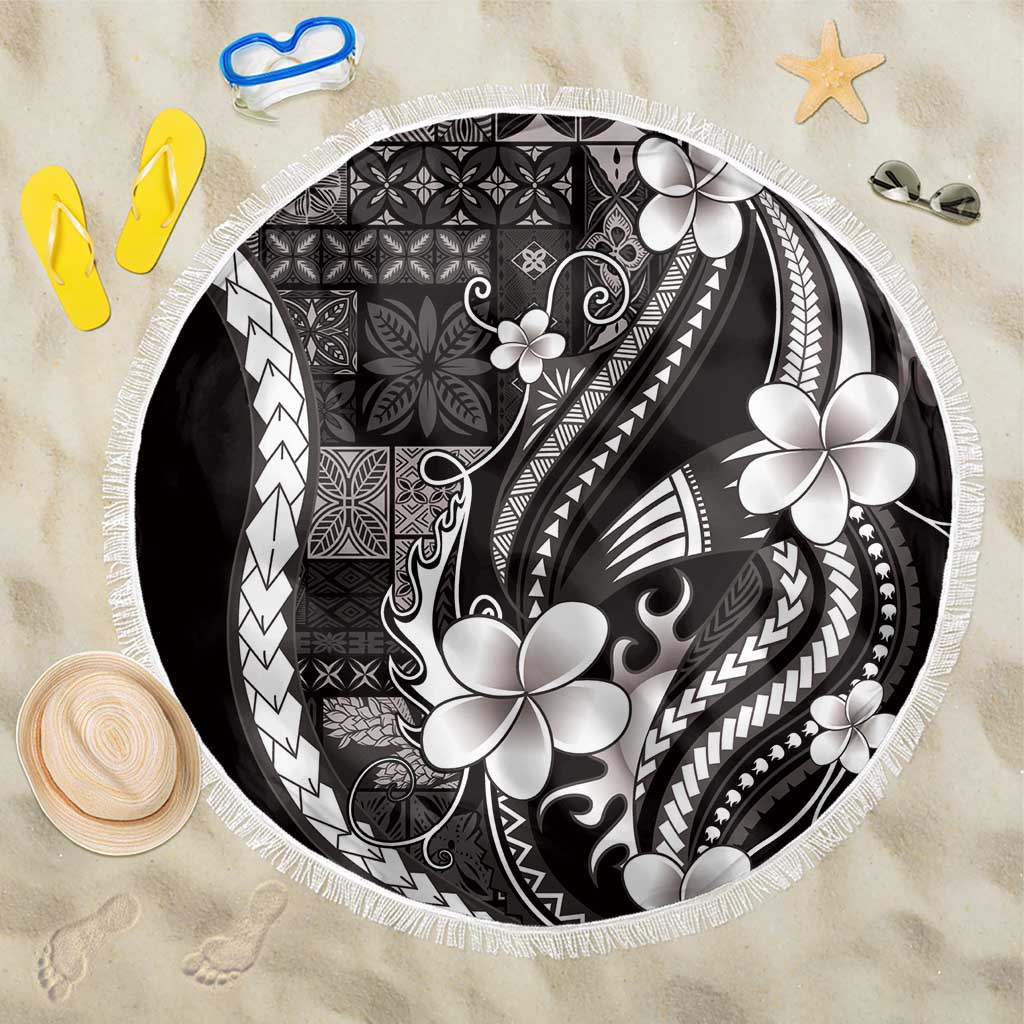 Samoa Siapo Tribal Pattern Beach Blanket Black Polynesian Plumeria Tapa Motif