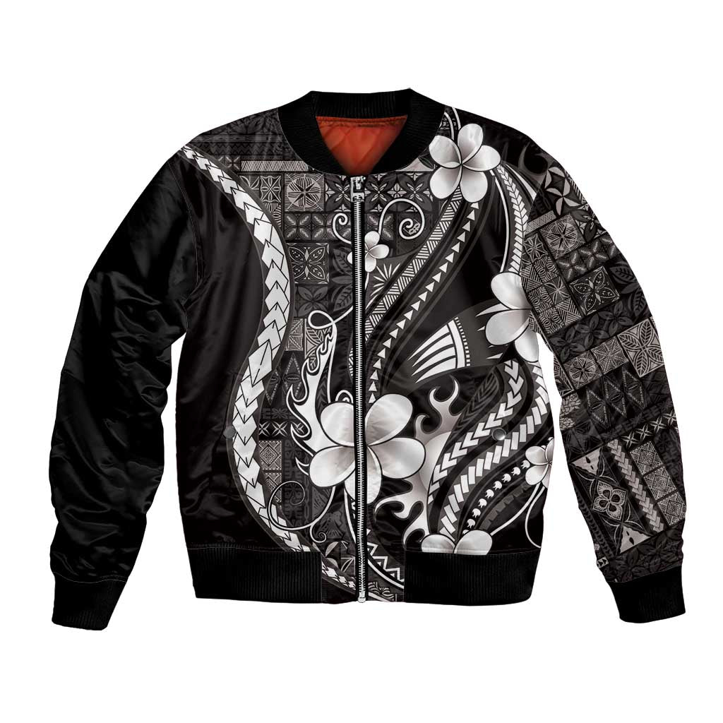 Samoa Siapo Tribal Pattern Bomber Jacket Black Polynesian Plumeria Tapa Motif