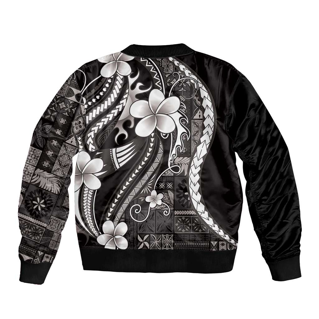 Samoa Siapo Tribal Pattern Bomber Jacket Black Polynesian Plumeria Tapa Motif