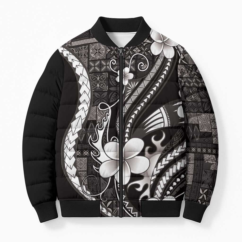 Samoa Siapo Tribal Pattern Bomber Puffer Jacket Black Polynesian Plumeria Tapa Motif LT9 Unisex Black - Polynesian Pride