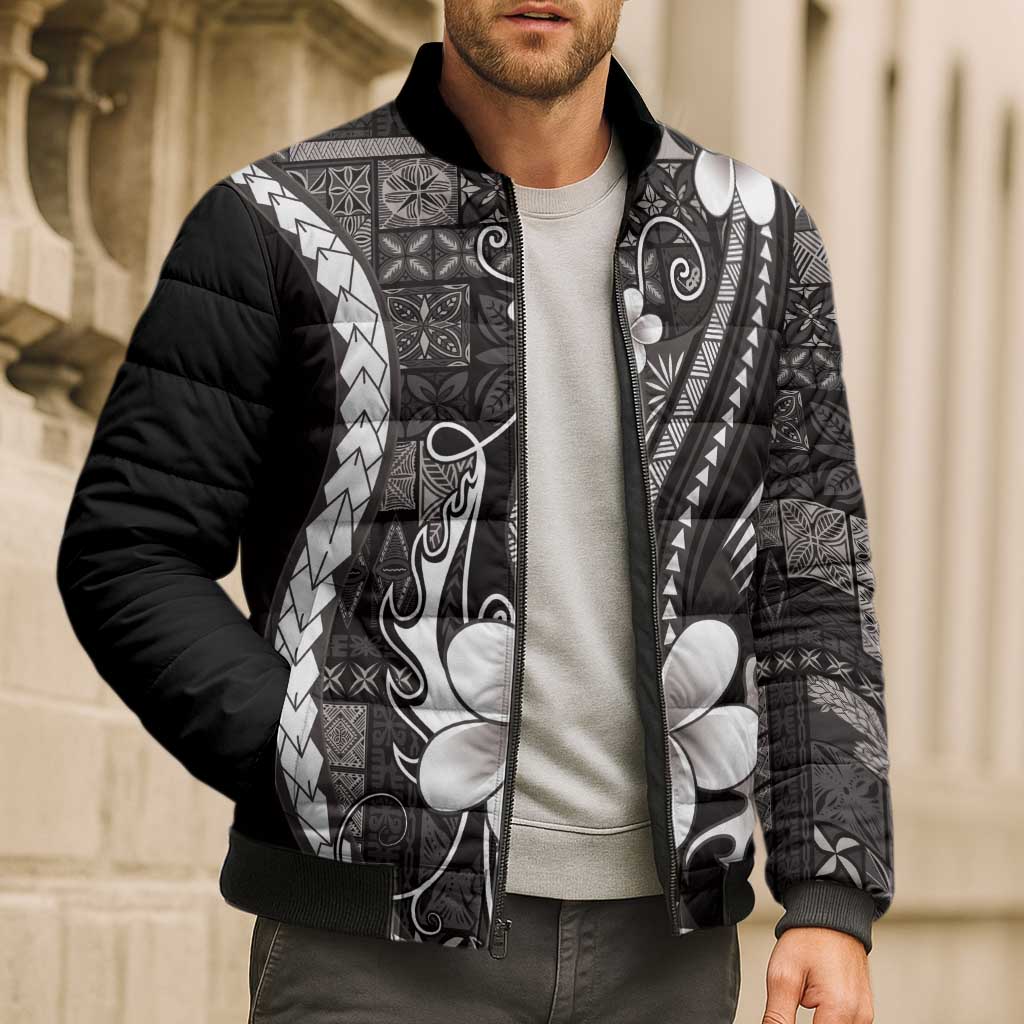 Samoa Siapo Tribal Pattern Bomber Puffer Jacket Black Polynesian Plumeria Tapa Motif LT9 - Polynesian Pride