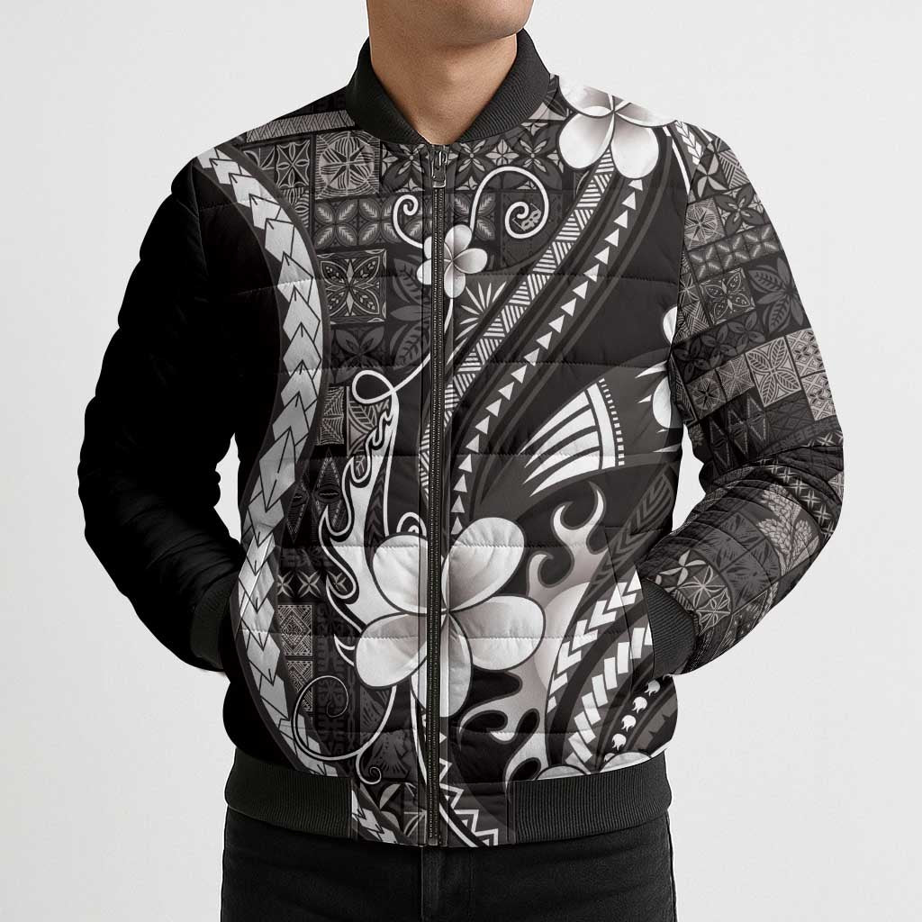 Samoa Siapo Tribal Pattern Bomber Puffer Jacket Black Polynesian Plumeria Tapa Motif LT9 - Polynesian Pride