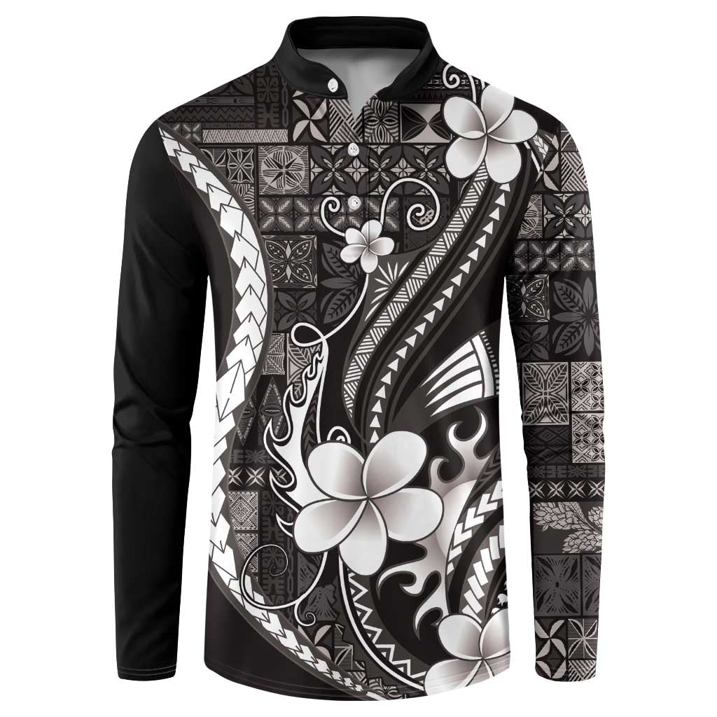 Samoa Siapo Tribal Pattern Button Sweatshirt Black Polynesian Plumeria Tapa Motif