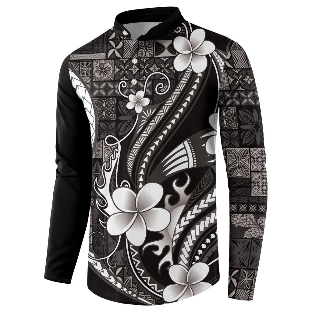Samoa Siapo Tribal Pattern Button Sweatshirt Black Polynesian Plumeria Tapa Motif