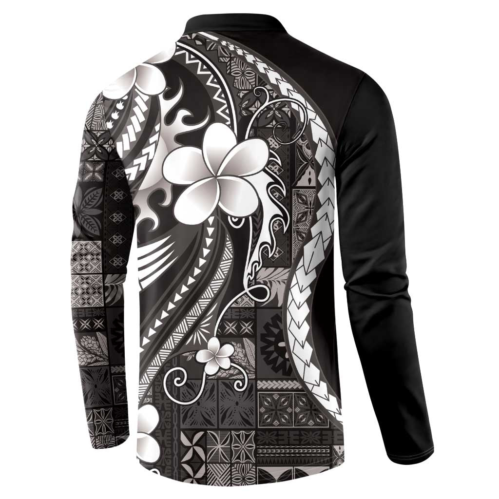 Samoa Siapo Tribal Pattern Button Sweatshirt Black Polynesian Plumeria Tapa Motif
