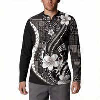 Samoa Siapo Tribal Pattern Button Sweatshirt Black Polynesian Plumeria Tapa Motif