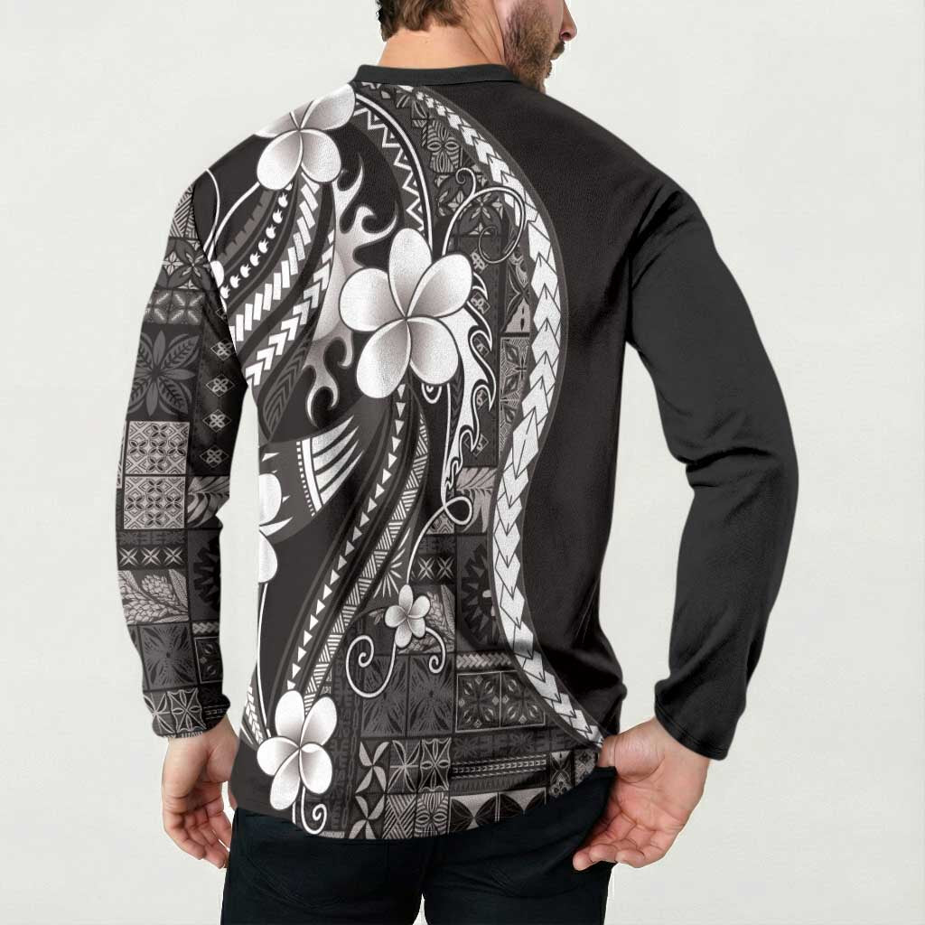Samoa Siapo Tribal Pattern Button Sweatshirt Black Polynesian Plumeria Tapa Motif