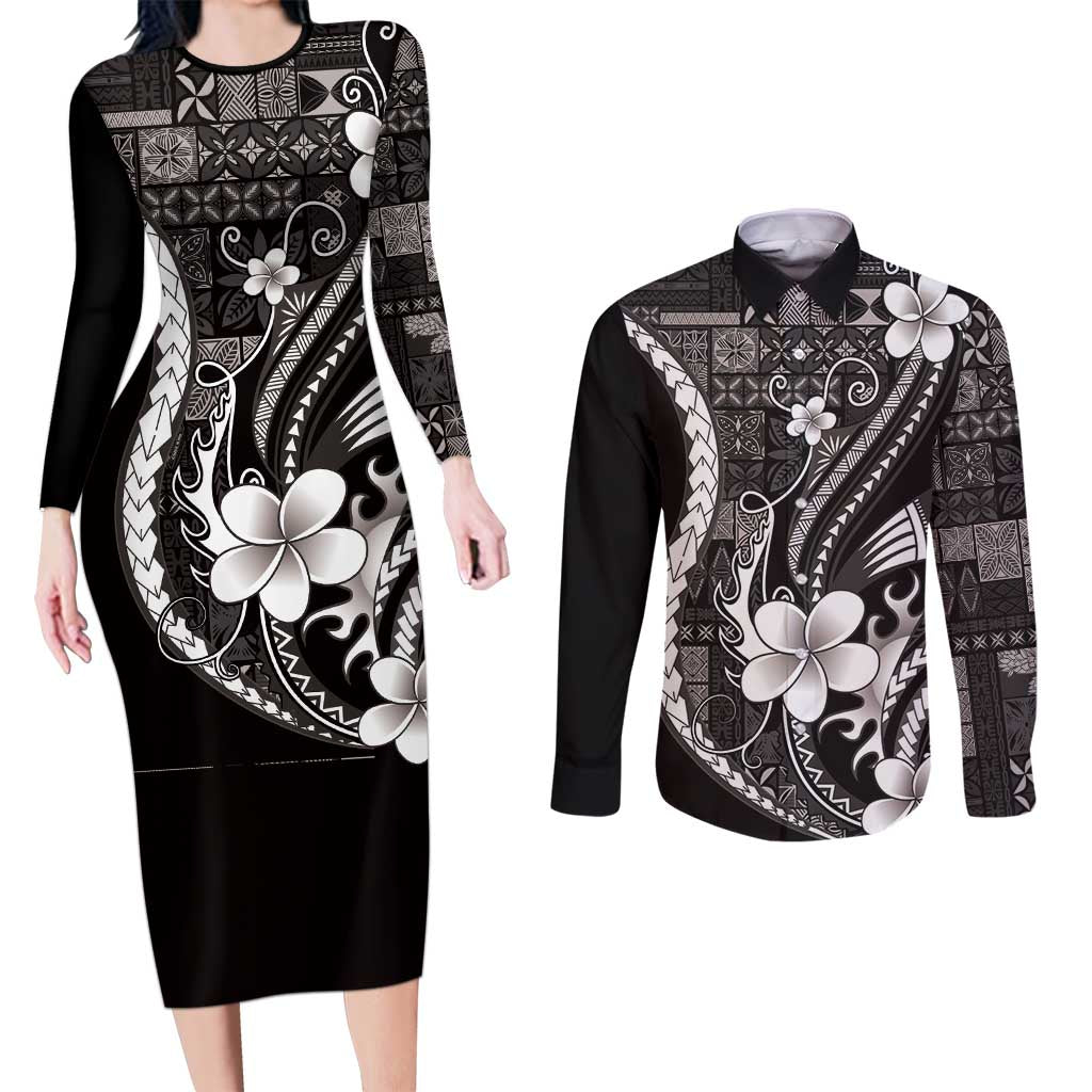Samoa Siapo Tribal Pattern Couples Matching Long Sleeve Bodycon Dress and Long Sleeve Button Shirt Black Polynesian Plumeria Tapa Motif