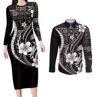 Samoa Siapo Tribal Pattern Couples Matching Long Sleeve Bodycon Dress and Long Sleeve Button Shirt Black Polynesian Plumeria Tapa Motif