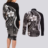 Samoa Siapo Tribal Pattern Couples Matching Long Sleeve Bodycon Dress and Long Sleeve Button Shirt Black Polynesian Plumeria Tapa Motif