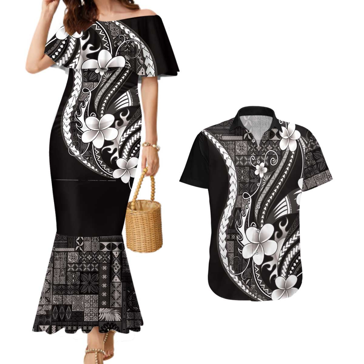 Samoa Siapo Tribal Pattern Couples Matching Mermaid Dress and Hawaiian Shirt Black Polynesian Plumeria Tapa Motif LT9 Black - Polynesian Pride