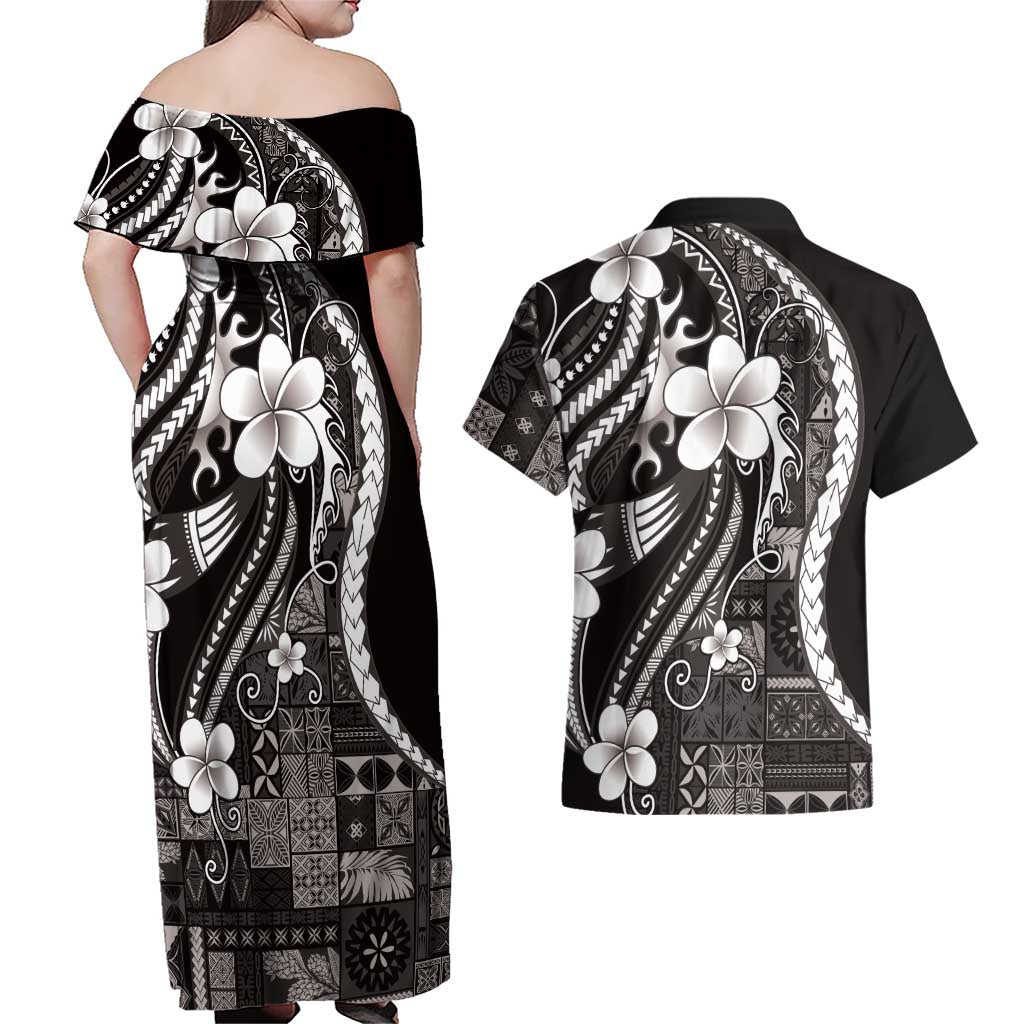 Samoa Siapo Tribal Pattern Couples Matching Off Shoulder Maxi Dress and Hawaiian Shirt Black Polynesian Plumeria Tapa Motif