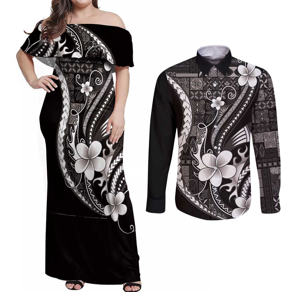 Samoa Siapo Tribal Pattern Couples Matching Off Shoulder Maxi Dress and Long Sleeve Button Shirt Black Polynesian Plumeria Tapa Motif LT9 Black - Polynesian Pride