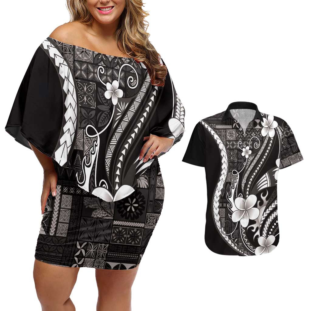 Samoa Siapo Tribal Pattern Couples Matching Off Shoulder Short Dress and Hawaiian Shirt Black Polynesian Plumeria Tapa Motif
