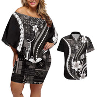 Samoa Siapo Tribal Pattern Couples Matching Off Shoulder Short Dress and Hawaiian Shirt Black Polynesian Plumeria Tapa Motif