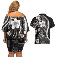 Samoa Siapo Tribal Pattern Couples Matching Off Shoulder Short Dress and Hawaiian Shirt Black Polynesian Plumeria Tapa Motif
