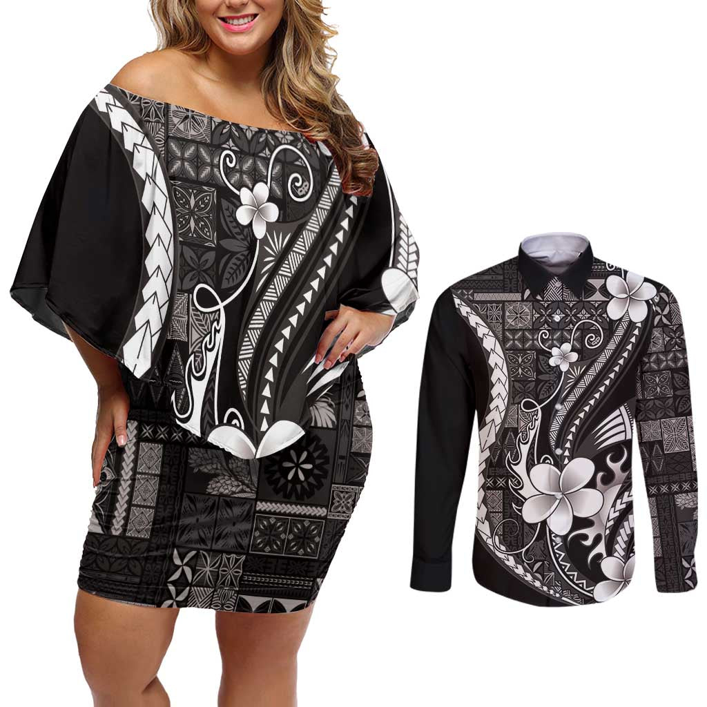Samoa Siapo Tribal Pattern Couples Matching Off Shoulder Short Dress and Long Sleeve Button Shirt Black Polynesian Plumeria Tapa Motif LT9 Black - Polynesian Pride