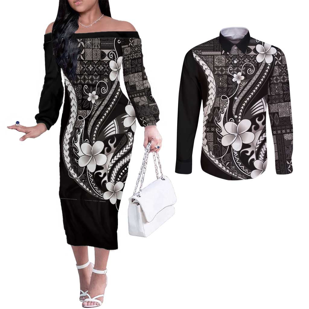 Samoa Siapo Tribal Pattern Couples Matching Off The Shoulder Long Sleeve Dress and Long Sleeve Button Shirt Black Polynesian Plumeria Tapa Motif LT9 Black - Polynesian Pride