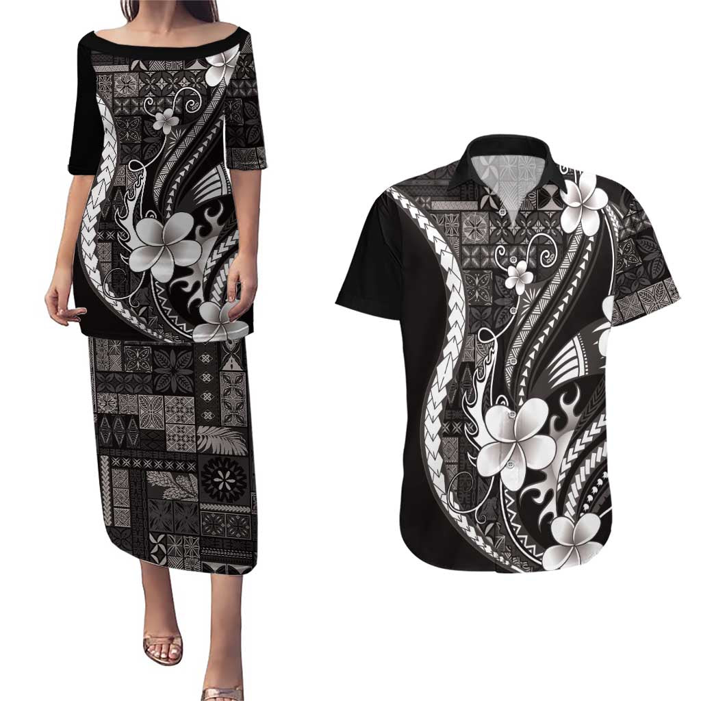 Samoa Siapo Tribal Pattern Couples Matching Puletasi and Hawaiian Shirt Black Polynesian Plumeria Tapa Motif