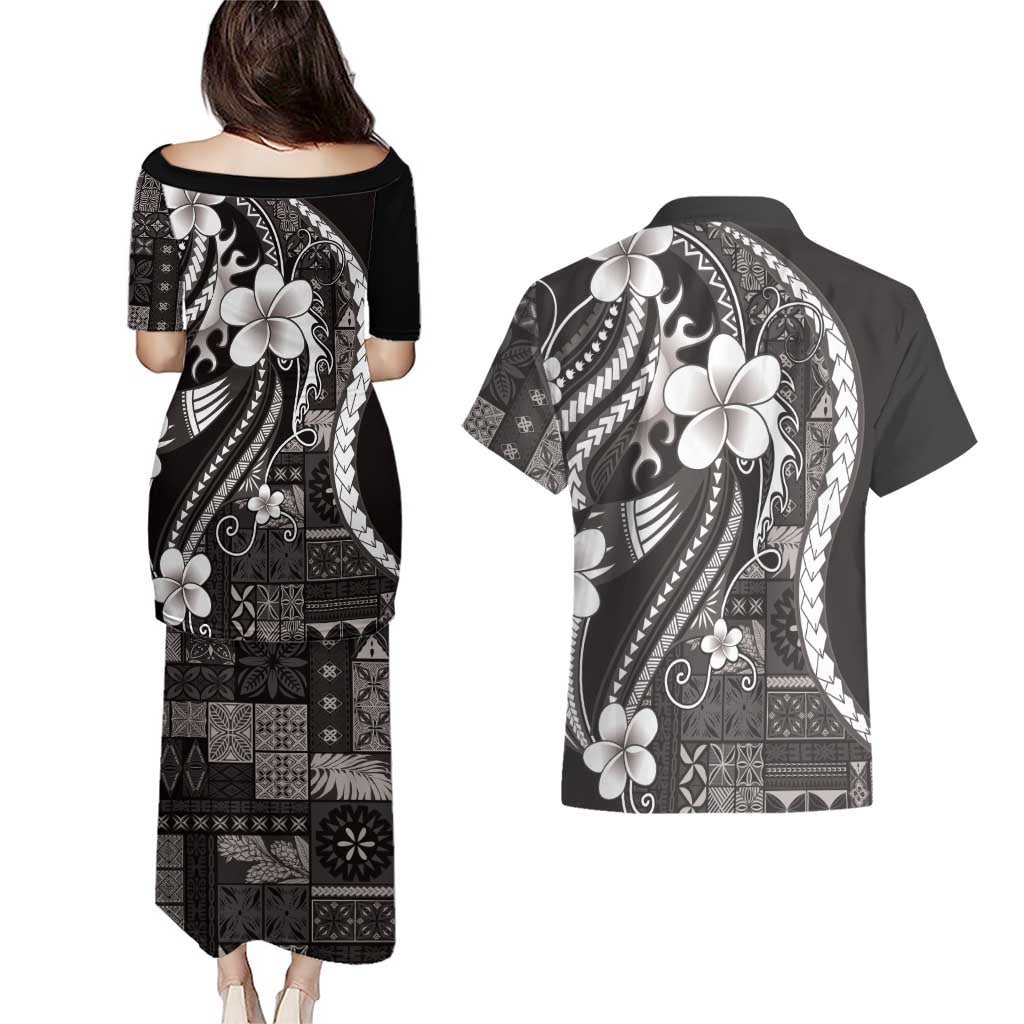 Samoa Siapo Tribal Pattern Couples Matching Puletasi and Hawaiian Shirt Black Polynesian Plumeria Tapa Motif