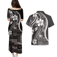 Samoa Siapo Tribal Pattern Couples Matching Puletasi and Hawaiian Shirt Black Polynesian Plumeria Tapa Motif