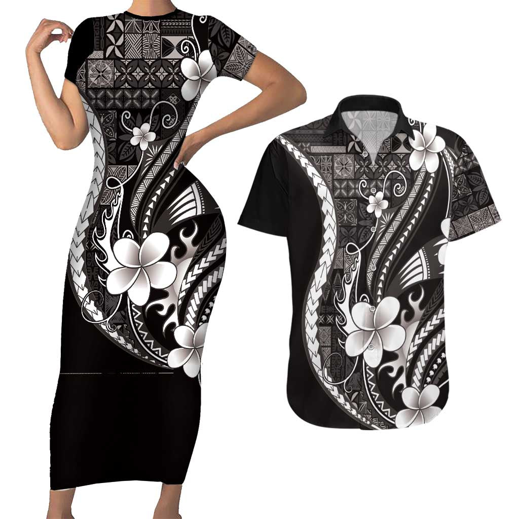 Samoa Siapo Tribal Pattern Couples Matching Short Sleeve Bodycon Dress and Hawaiian Shirt Black Polynesian Plumeria Tapa Motif LT9 Black - Polynesian Pride