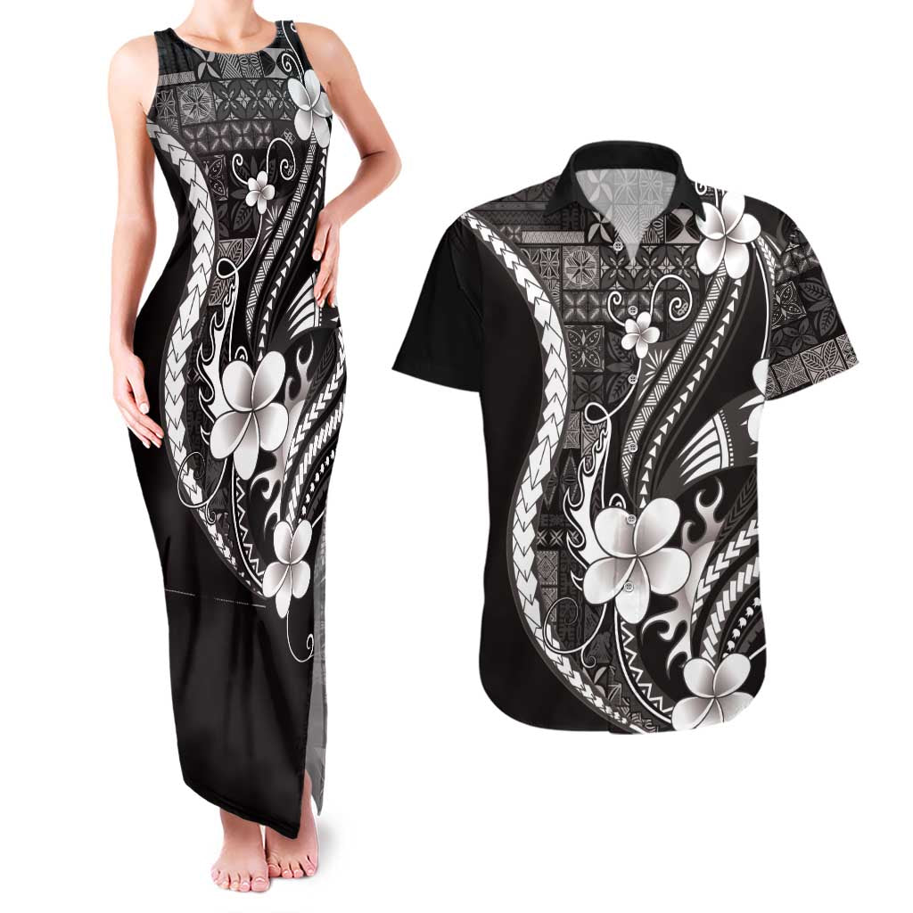 Samoa Siapo Tribal Pattern Couples Matching Tank Maxi Dress and Hawaiian Shirt Black Polynesian Plumeria Tapa Motif LT9 Black - Polynesian Pride