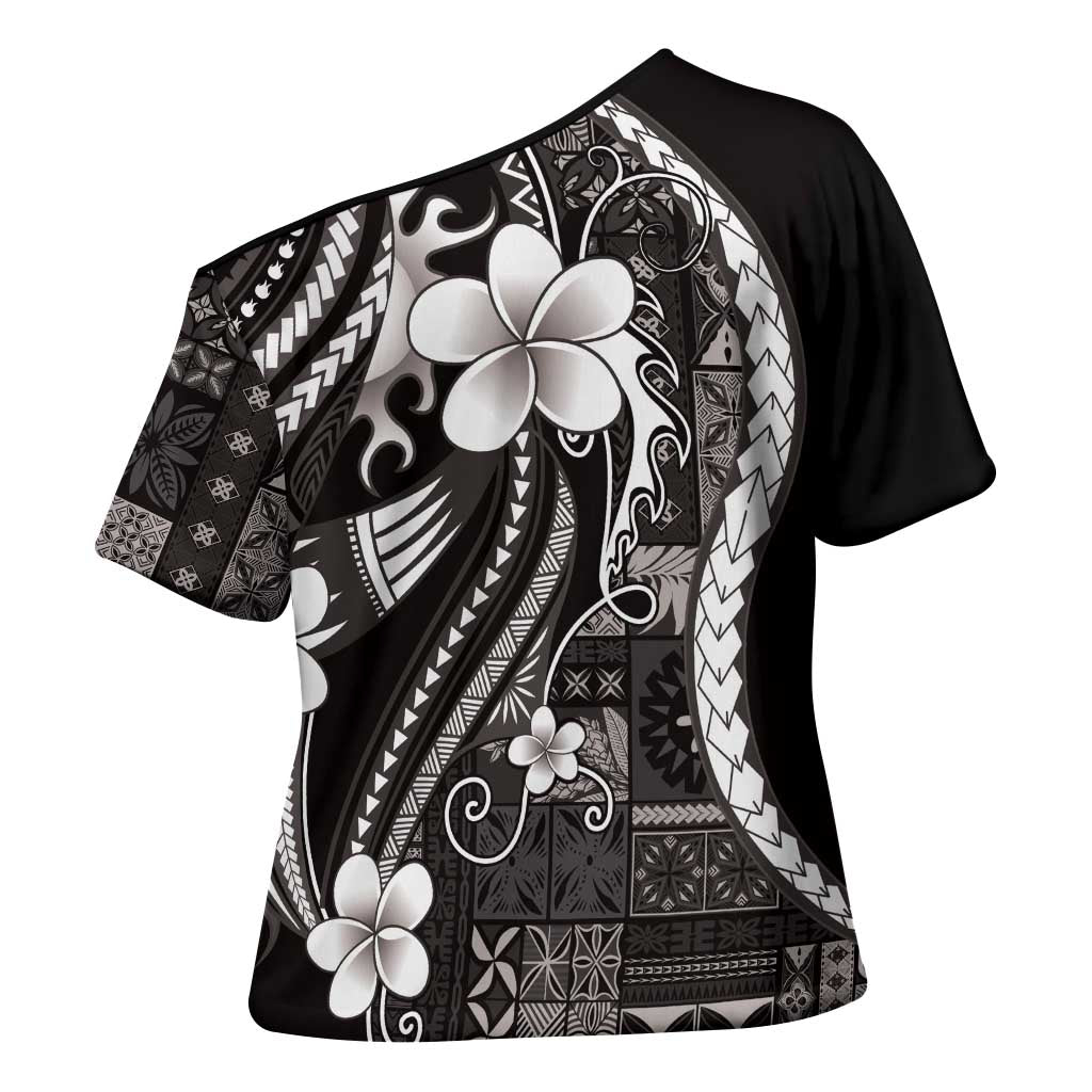 Samoa Siapo Tribal Pattern Cross Shoulder Shirt Black Polynesian Plumeria Tapa Motif LT9 - Polynesian Pride