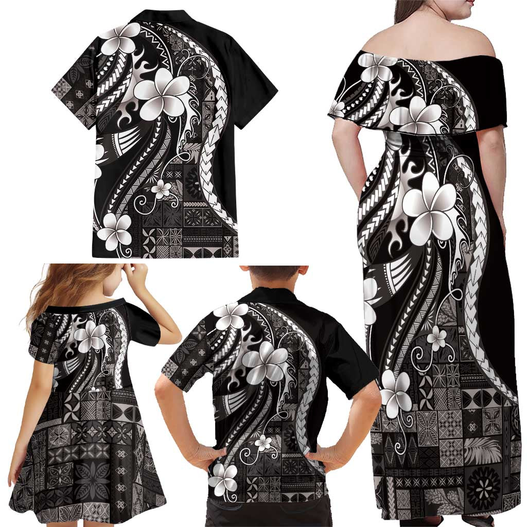 Samoa Siapo Tribal Pattern Family Matching Off Shoulder Maxi Dress and Hawaiian Shirt Black Polynesian Plumeria Tapa Motif
