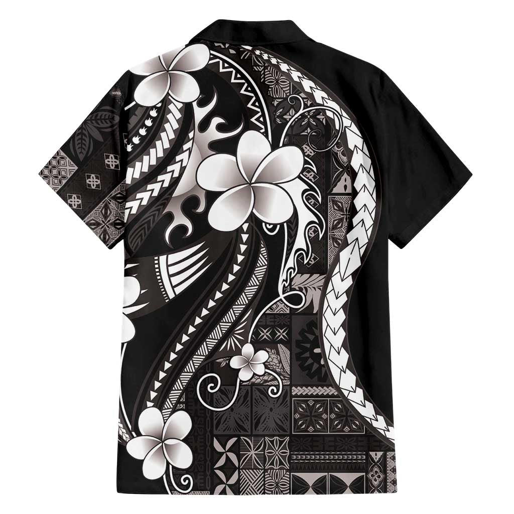 Samoa Siapo Tribal Pattern Family Matching Off Shoulder Maxi Dress and Hawaiian Shirt Black Polynesian Plumeria Tapa Motif