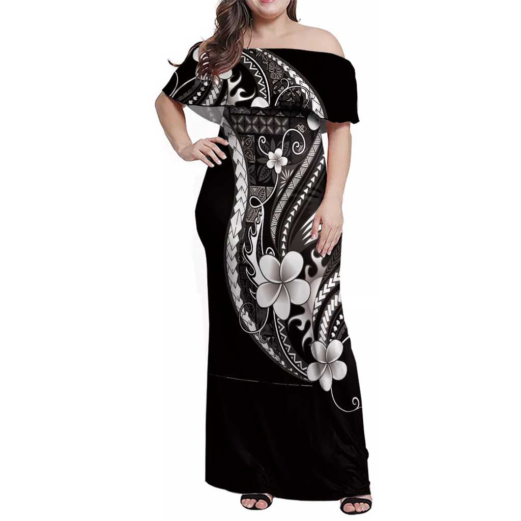 Samoa Siapo Tribal Pattern Family Matching Off Shoulder Maxi Dress and Hawaiian Shirt Black Polynesian Plumeria Tapa Motif
